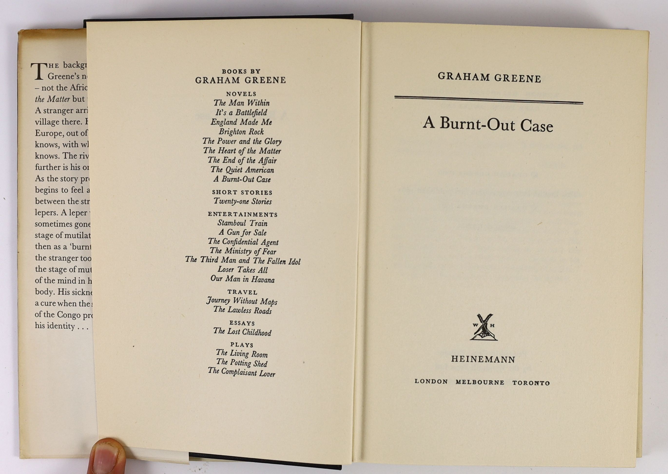 Greene, Graham - A Burnt-Out Case, 1st English edition, original cloth, in unclipped d/j, William Heinemann, London, 1961